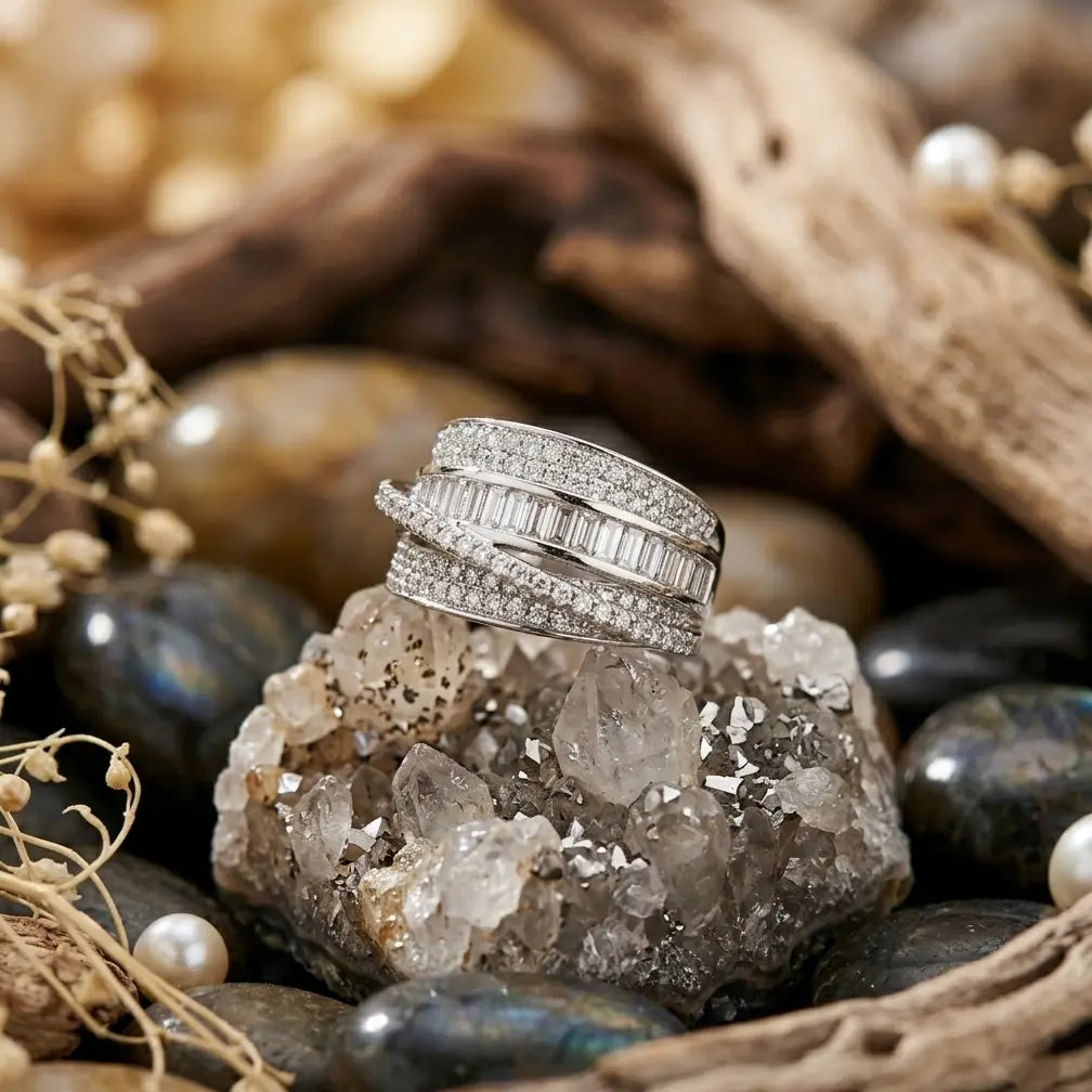 Bijou de créateur bague Soline argentée posée sur une roche de cristal brute dans un décor naturel et sophistiqué.