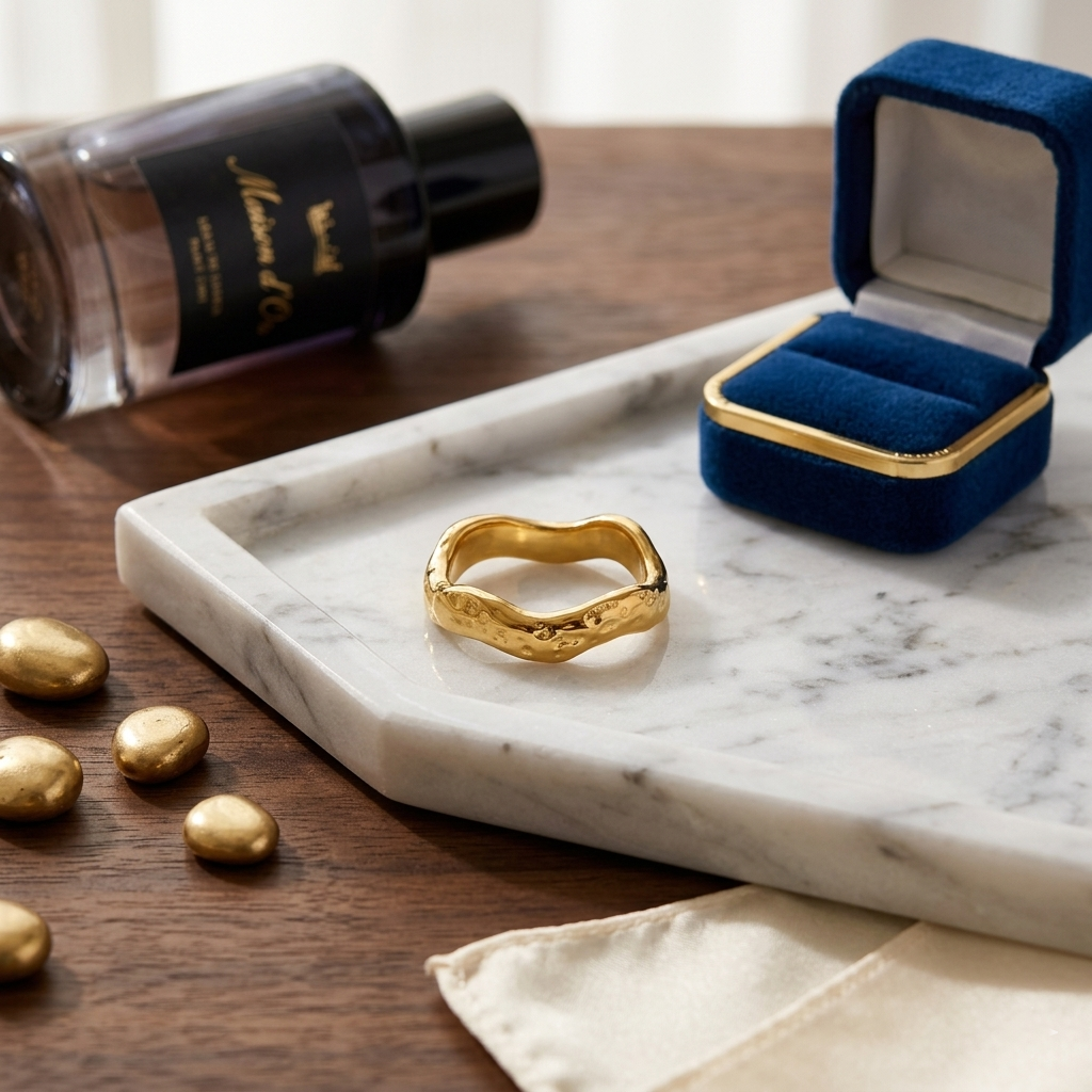 Bijou bague Zoé dorée posée sur un plateau en marbre à côté d'un écrin en velours bleu roi.