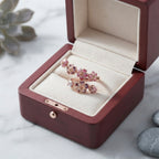 Bague fleur de pêcher dorée présentée dans un luxueux écrin en bois, idée cadeau.