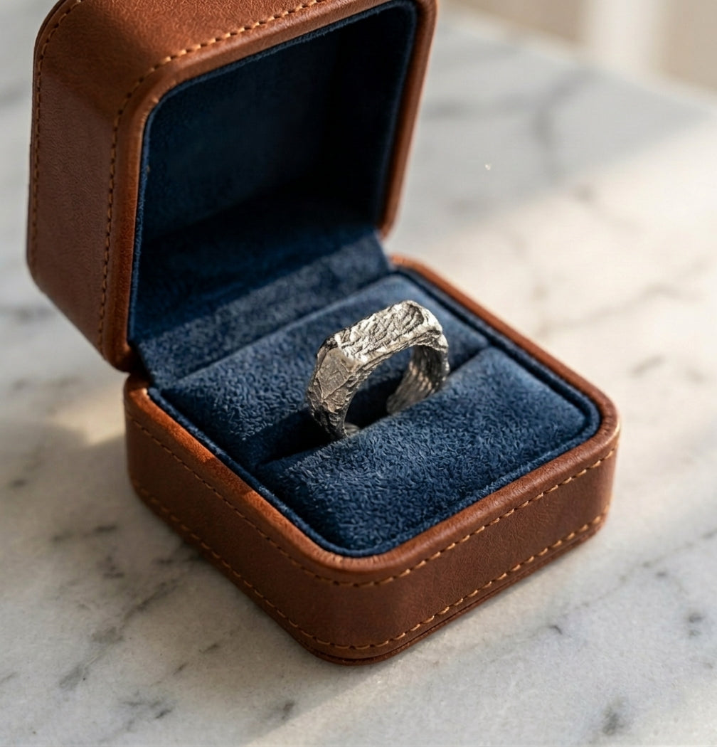Bague Gabrielle Indomptable argent brut présentée dans son coffret en cuir marron et velours bleu, avec logo.