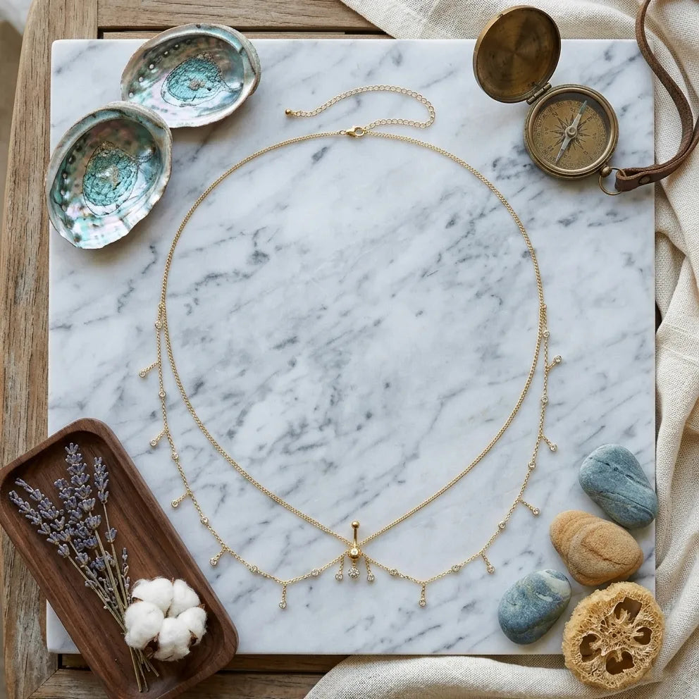 Bijou de corps Zora Nomade en finition dorée disposé à plat sur un plateau en marbre avec des accessoires marins et lavande.