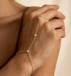 Photographie en gros plan d'un bracelet de main fin en plaqué or, le modèle Lola Libre. La chaîne délicate ornée de trois motifs floraux scintillants relie le poignet au doigt. La main de la mannequin repose délicatement sur son épaule, sur un fond beige neutre.