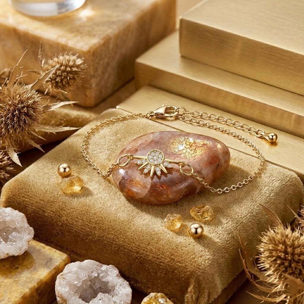 Le bracelet doré Hélios avec son pendentif soleil étincelant, posé sur une pierre polie de pierre de soleil et un présentoir en velours de couleur or.