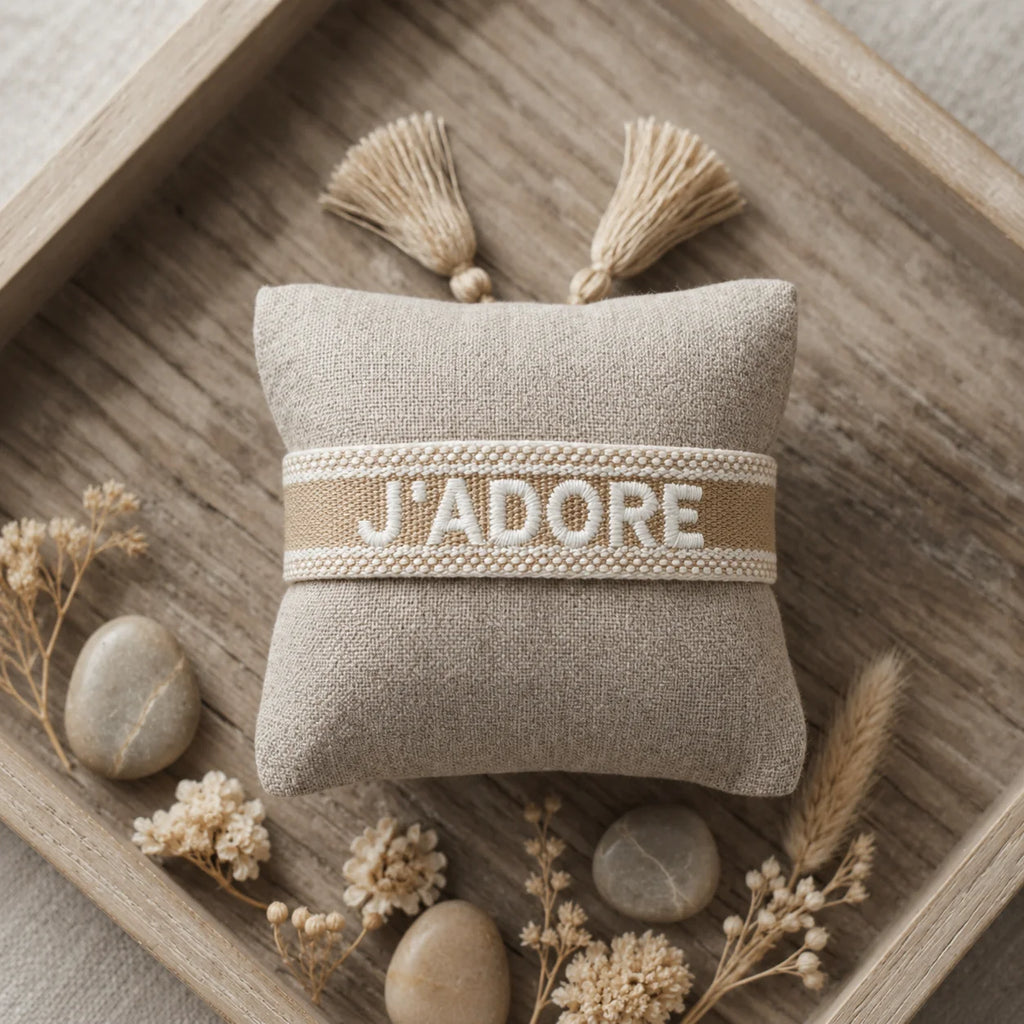 Bracelet tissé de couleur beige portant l'inscription 'J'ADORE', présenté autour d'un petit coussin en lin beige, disposé sur un plateau en bois rustique avec des pétales de fleurs séchées beige et des galets décoratifs.
