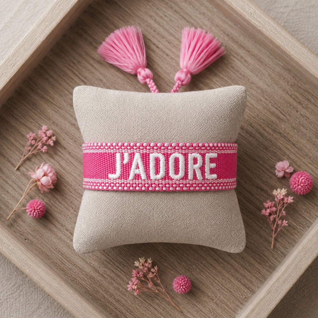 Bracelet tissé de couleur rose portant l'inscription 'J'ADORE', présenté autour d'un petit coussin en lin beige, disposé sur un plateau en bois rustique avec des pétales de fleurs séchées roses