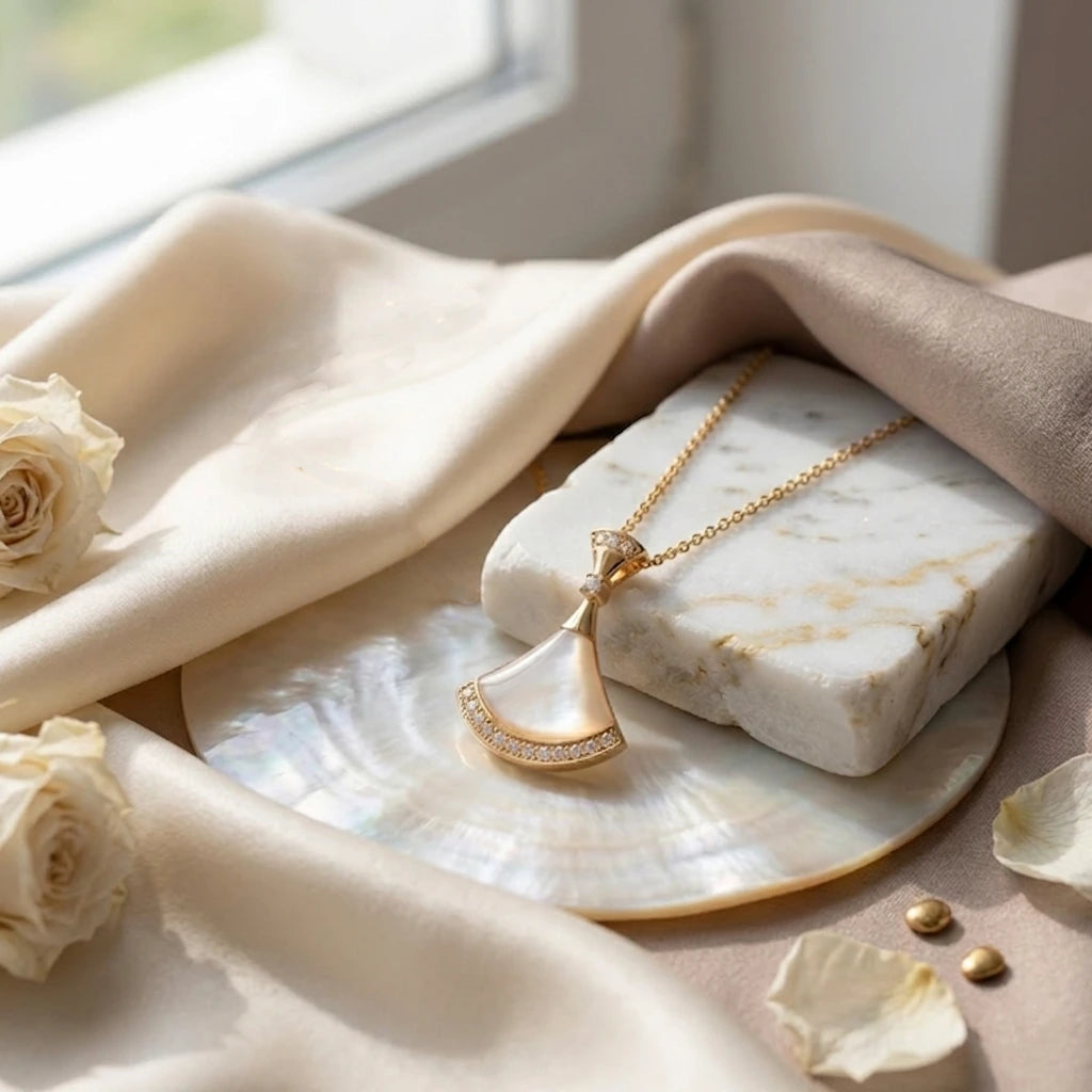 Collier Christelle la Précieuse en or avec pendentif éventail en nacre et cristaux, posé sur un socle en marbre blanc.