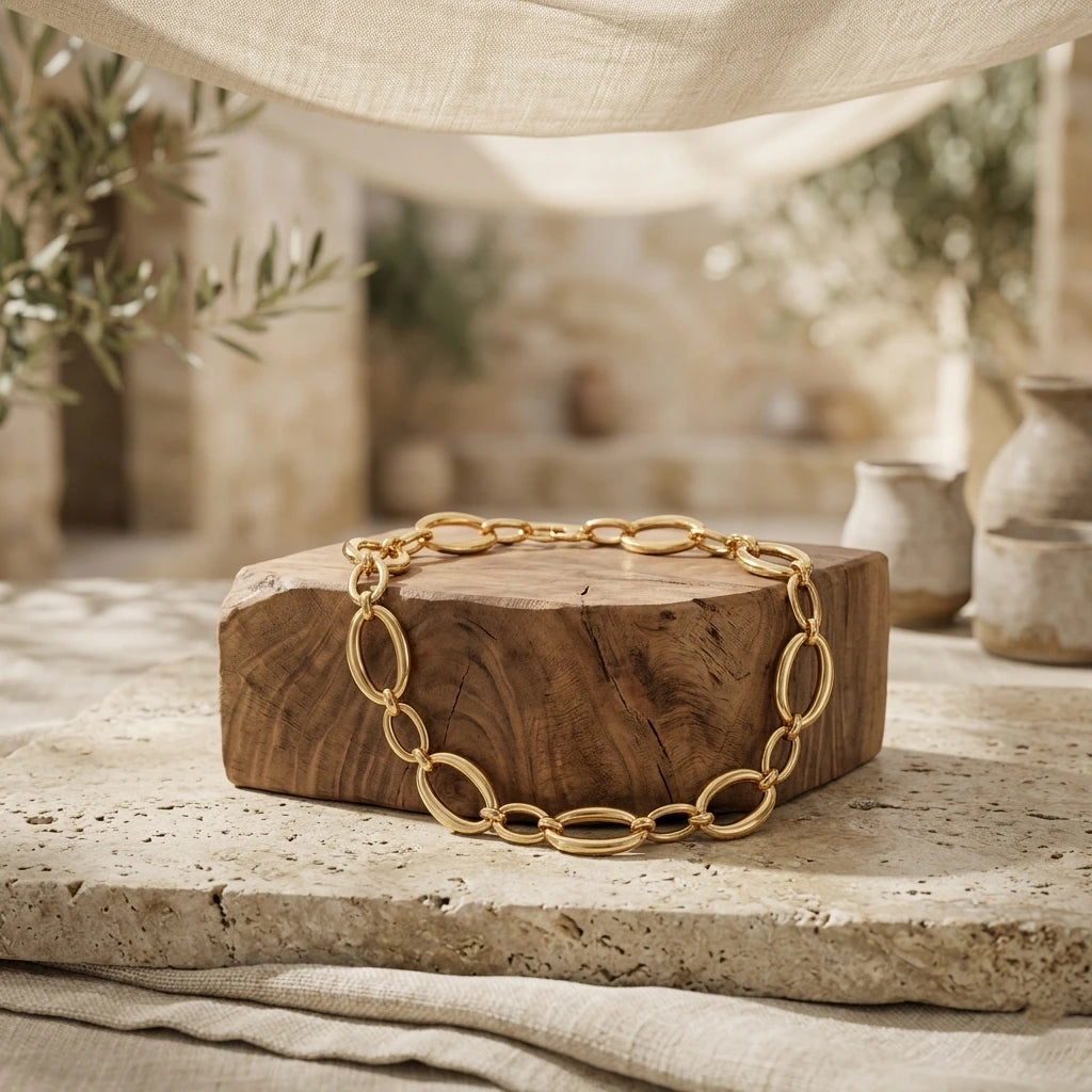 Collier Nina Désirable en or posé sur un bloc de bois brut et une dalle de pierre calcaire, dans un décor méditerranéen ensoleillé avec oliviers.