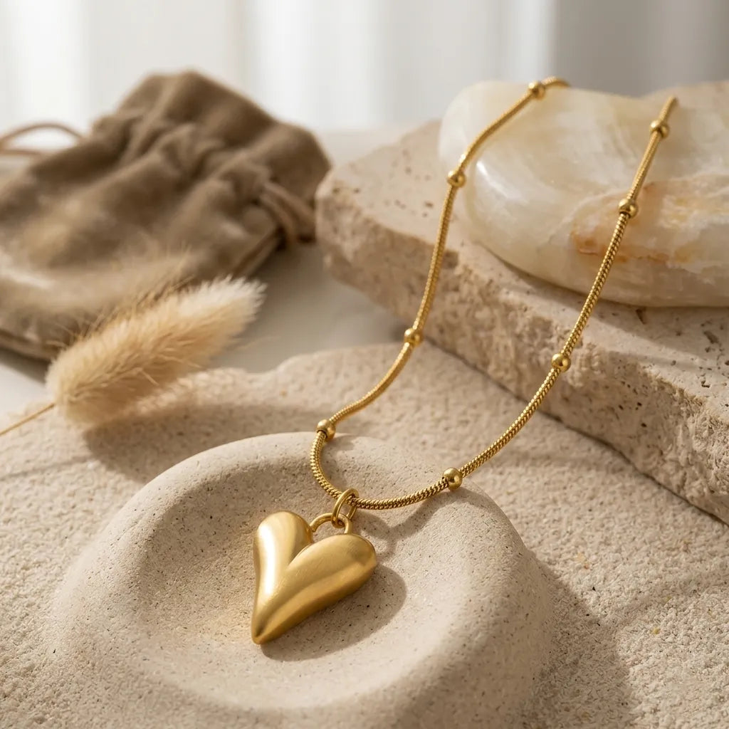 Nature morte du collier Yuna Romantique en or posé sur des pierres naturelles et du sable fin. Le pendentif cœur volumineux capte la lumière naturelle à côté d'un pochon en velours beige et d'une herbe de la pampa.