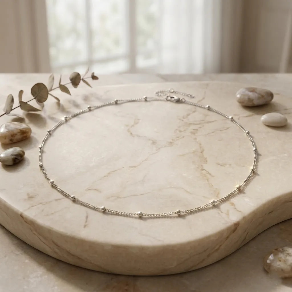 Photographie de style nature morte du collier Yzée en version argenté, posé en cercle sur un plateau en marbre beige veiné. Le bijou, une fine chaîne à boules, est entouré de galets naturels lisses et d'une branche d'eucalyptus séchée. La lumière douce vient d'une fenêtre floue en arrière-plan, créant une ambiance élégante et sereine.