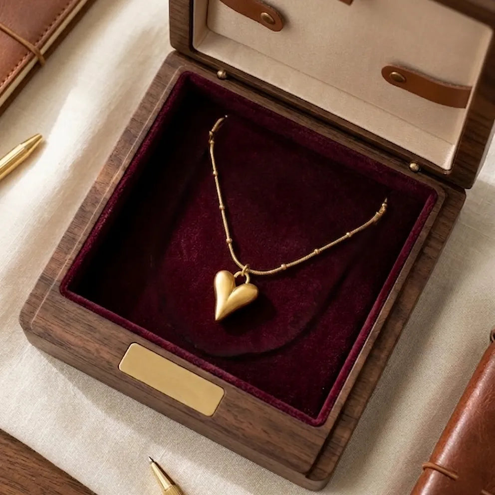 Collier Yuna Romantique doré présenté dans un luxueux écrin en bois foncé avec un intérieur en velours bordeaux. La chaîne est élégamment disposée pour montrer le pendentif cœur poli.