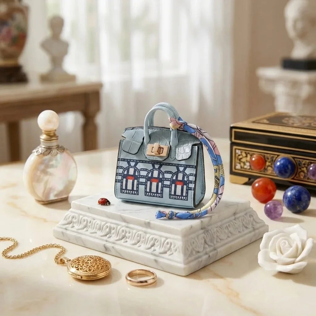 Accessoire de sac Écrin Haussmannien bleu céleste, étui miniature en cuir texturé avec dragonne en soie aux motifs baroques bleus et roses.