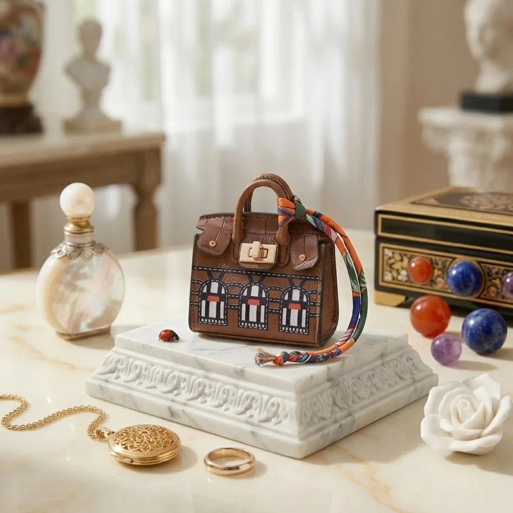 Écrin Haussmannien marron ambre, micro-sac de luxe pour écouteurs sans fil avec finitions dorées et lien de soie coloré, décor de maroquinerie d'exception.