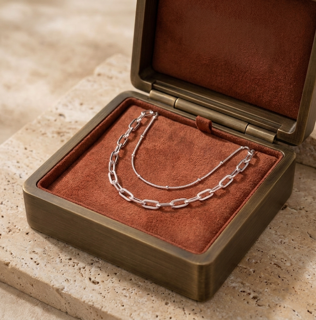 Présentation luxueuse du bijou de cheville Maya Doré argenté dans son écrin de velours et métal brossé, idéal pour offrir.