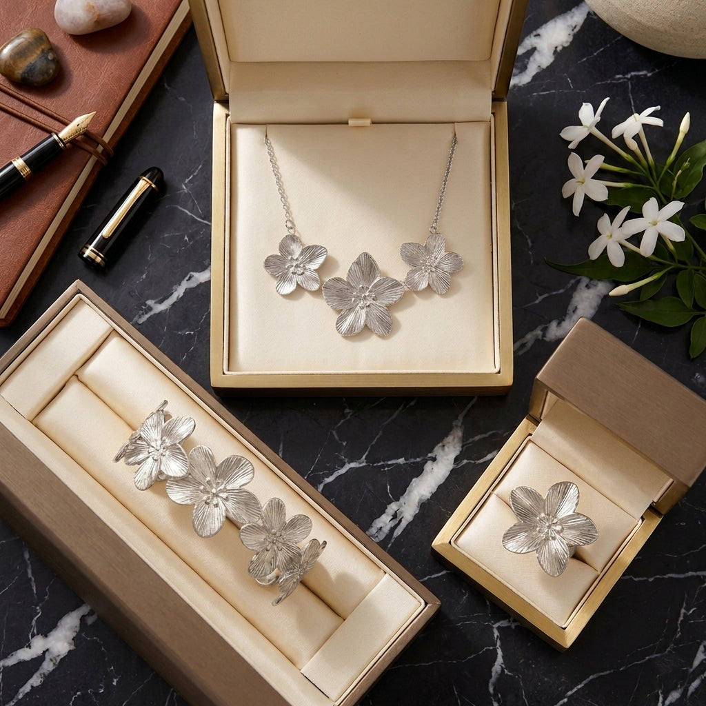 Vue de dessus de la parure en argent Colette - Épanouie présentée dans trois écrins de luxe ouverts. Les bijoux sont disposés sur un fond de marbre noir veiné, créant un contraste chic avec la texture satinée des fleurs argentées.
