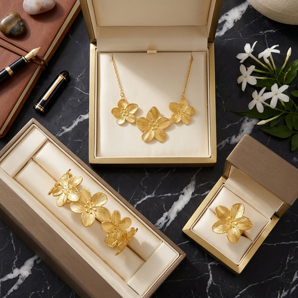 Vue de dessus de la parure dorée Colette - Épanouie présentée dans trois écrins de luxe ouverts. Les bijoux sont disposés sur un fond de marbre noir veiné, créant un contraste chic avec la texture satinée des fleurs argentées.