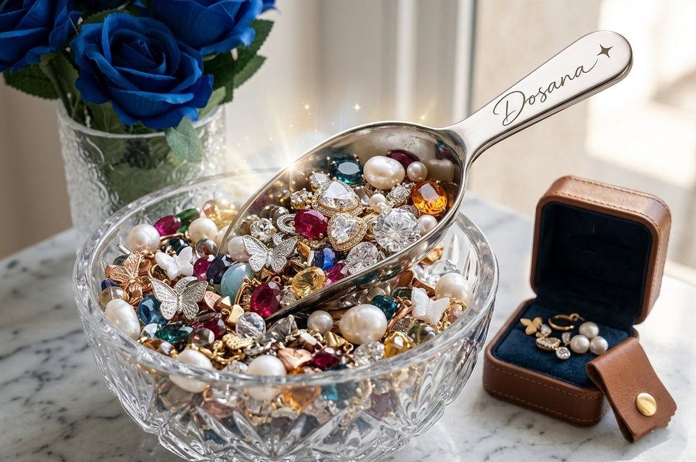 Concept de scoop de bijoux surprise Dosana : une cuillère en métal gravée plongeant dans un bol en cristal rempli de perles, gemmes, moissanites et charms de luxe.